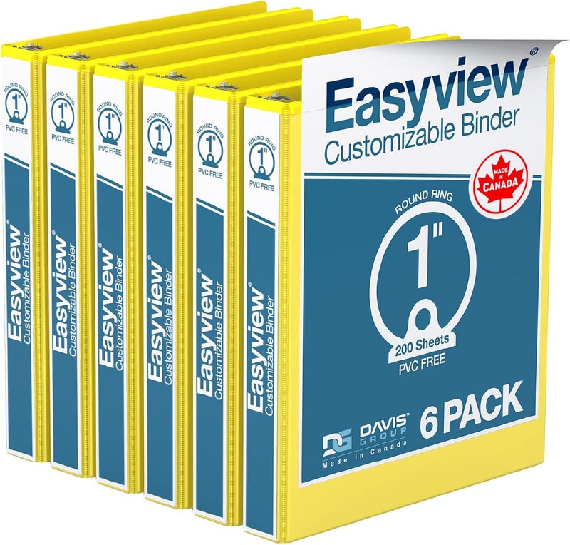 Davis Group Easyview Premium 3-Ring Binders with Clear-View Covers and Round Rings, Binders for School or Office, 1 Inch, Pack of 6, Yellow - Image 1